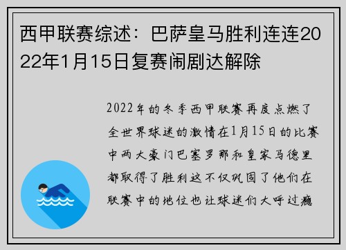 西甲联赛综述：巴萨皇马胜利连连2022年1月15日复赛闹剧达解除